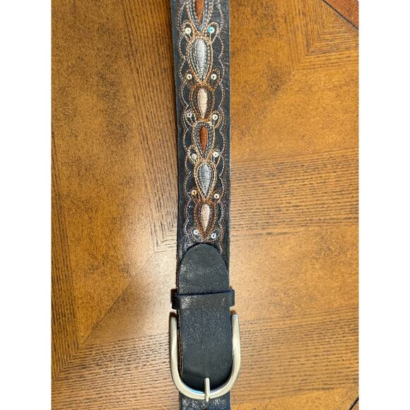 Genuine Leather Black Embroidered Western Belt Small Boho Cowgirl Sequins - Picture 6 of 8